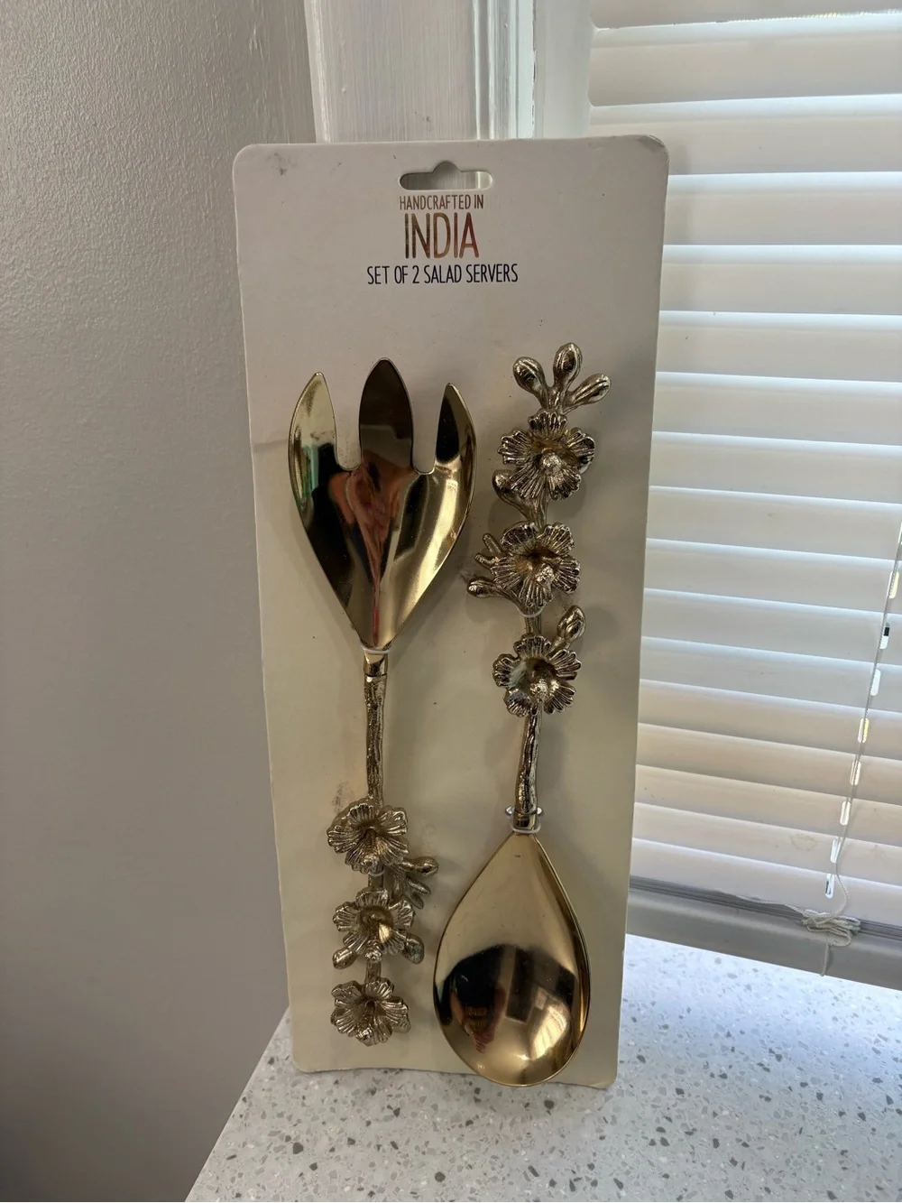 NEW AND UNIQUE Handcrafted India Gold Floral Salad Servers - Set of 2